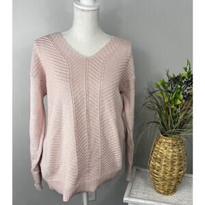 CHAPS Pink Metallic Shimmer Chevron Knit Long Sleeve Sweater Size L